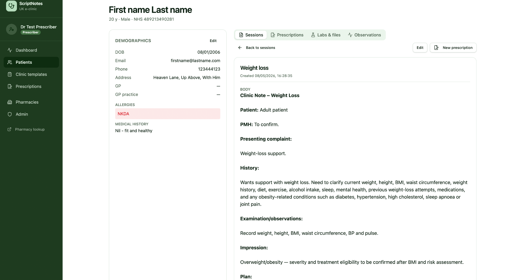 Patient record with demographics, allergies and structured clinic session note